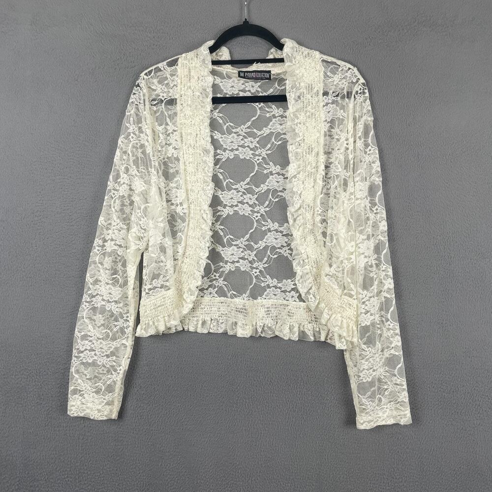 The Pyramid Collection Jacket Womens M White Lace Sheer Unlined Ruffle Whimsy